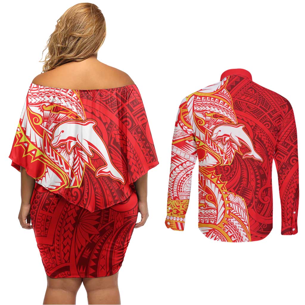 Dolphins Couples Matching Off Shoulder Short Dress and Long Sleeve Button Shirt Polynesian Tribal Tattoo Pacific Sport Art