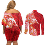 Dolphins Couples Matching Off Shoulder Short Dress and Long Sleeve Button Shirt Polynesian Tribal Tattoo Pacific Sport Art