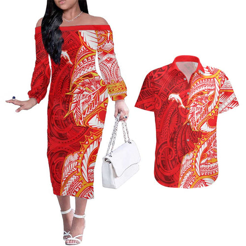 Dolphins Couples Matching Off The Shoulder Long Sleeve Dress and Hawaiian Shirt Polynesian Tribal Tattoo Pacific Sport Art