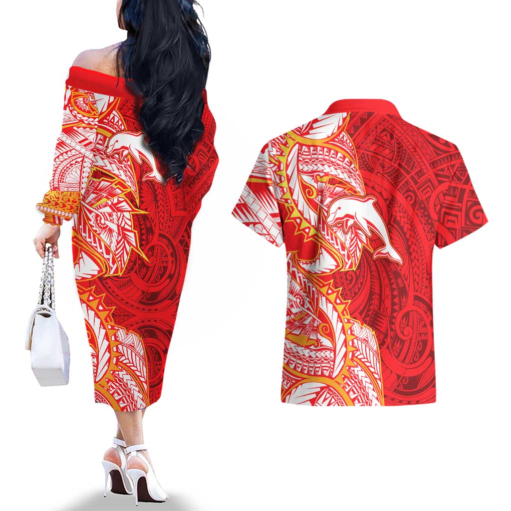 Dolphins Couples Matching Off The Shoulder Long Sleeve Dress and Hawaiian Shirt Polynesian Tribal Tattoo Pacific Sport Art