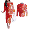 Dolphins Couples Matching Off The Shoulder Long Sleeve Dress and Long Sleeve Button Shirt Polynesian Tribal Tattoo Pacific Sport Art