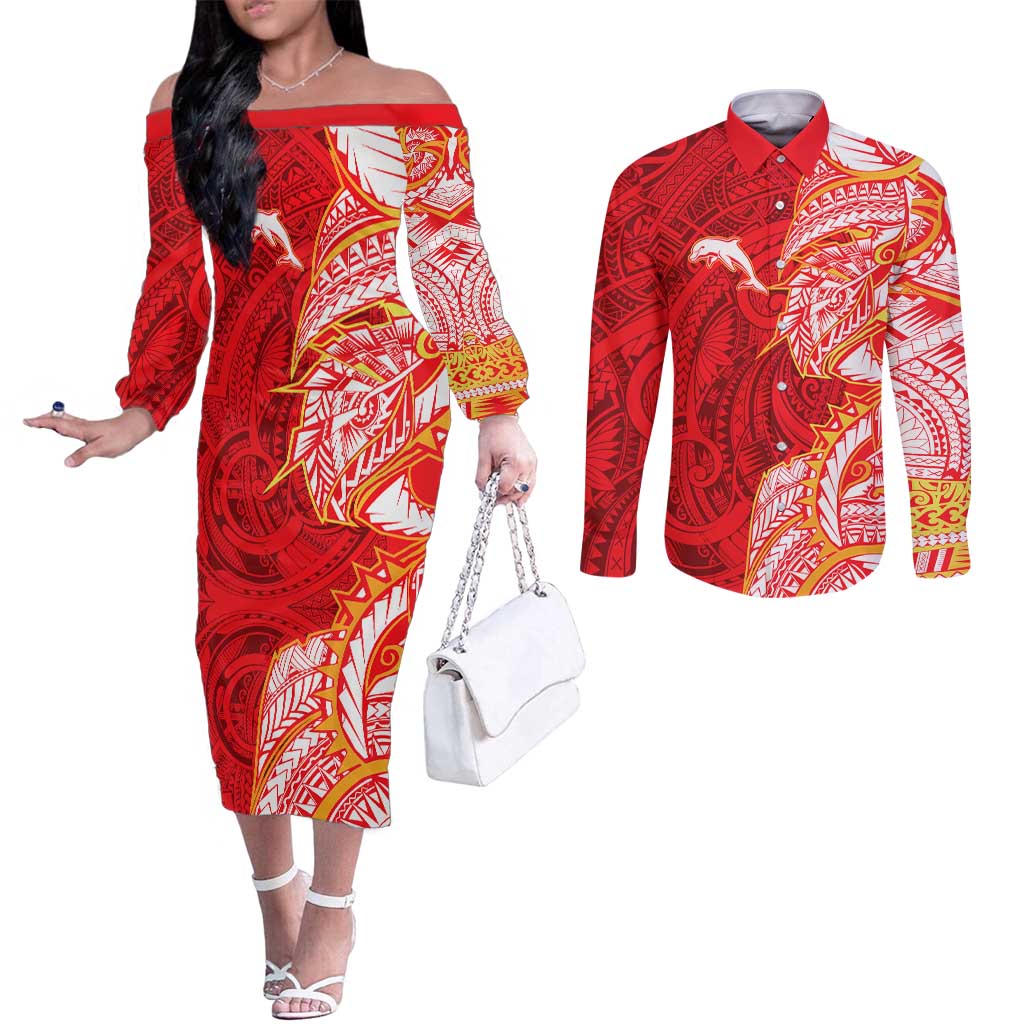 Dolphins Couples Matching Off The Shoulder Long Sleeve Dress and Long Sleeve Button Shirt Polynesian Tribal Tattoo Pacific Sport Art