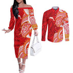 Dolphins Couples Matching Off The Shoulder Long Sleeve Dress and Long Sleeve Button Shirt Polynesian Tribal Tattoo Pacific Sport Art