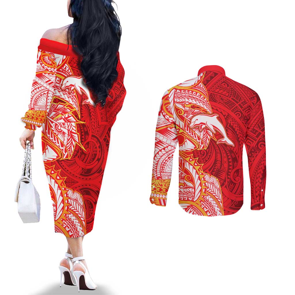 Dolphins Couples Matching Off The Shoulder Long Sleeve Dress and Long Sleeve Button Shirt Polynesian Tribal Tattoo Pacific Sport Art