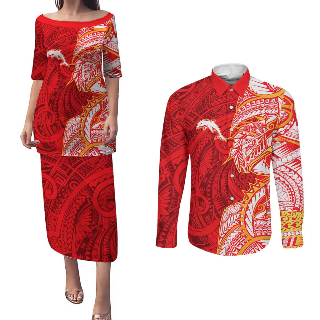 Dolphins Couples Matching Puletasi and Long Sleeve Button Shirt Polynesian Tribal Tattoo Pacific Sport Art