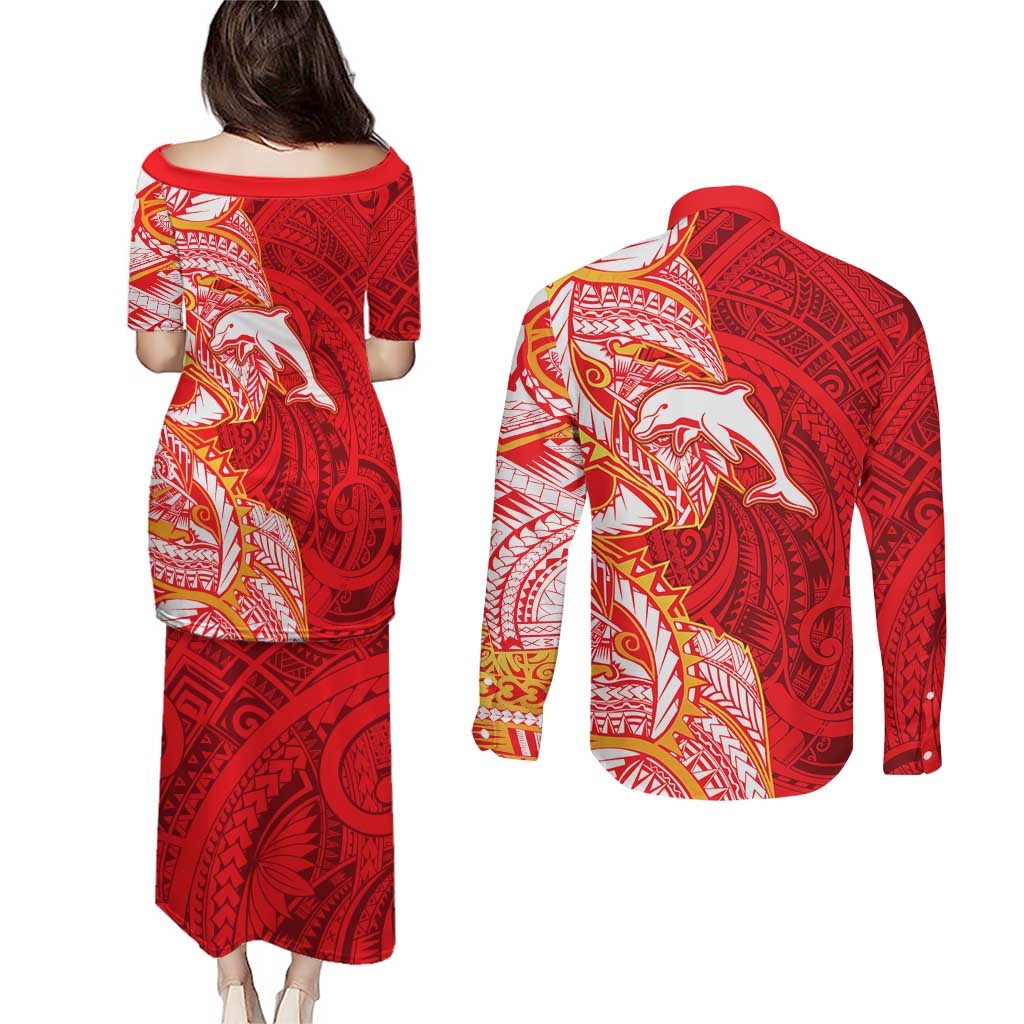 Dolphins Couples Matching Puletasi and Long Sleeve Button Shirt Polynesian Tribal Tattoo Pacific Sport Art