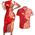 Dolphins Couples Matching Short Sleeve Bodycon Dress and Hawaiian Shirt Polynesian Tribal Tattoo Pacific Sport Art