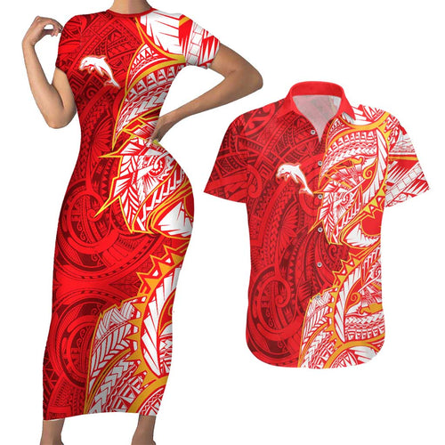 Dolphins Couples Matching Short Sleeve Bodycon Dress and Hawaiian Shirt Polynesian Tribal Tattoo Pacific Sport Art