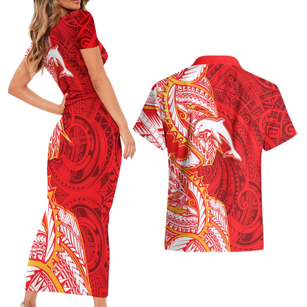Dolphins Couples Matching Short Sleeve Bodycon Dress and Hawaiian Shirt Polynesian Tribal Tattoo Pacific Sport Art