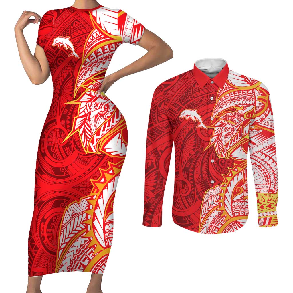 Dolphins Couples Matching Short Sleeve Bodycon Dress and Long Sleeve Button Shirt Polynesian Tribal Tattoo Pacific Sport Art