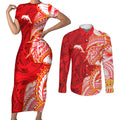 Dolphins Couples Matching Short Sleeve Bodycon Dress and Long Sleeve Button Shirt Polynesian Tribal Tattoo Pacific Sport Art