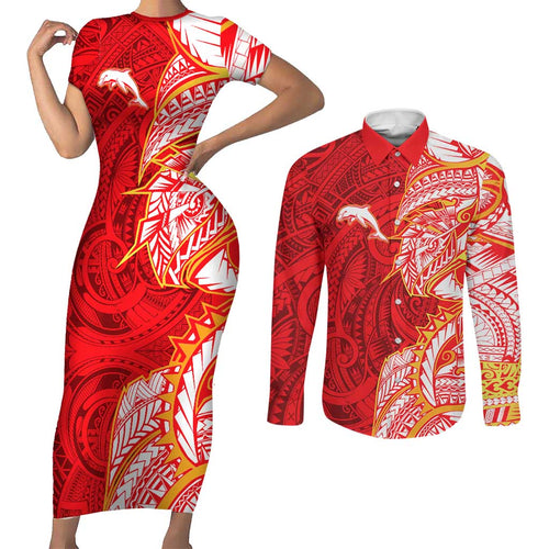 Dolphins Couples Matching Short Sleeve Bodycon Dress and Long Sleeve Button Shirt Polynesian Tribal Tattoo Pacific Sport Art