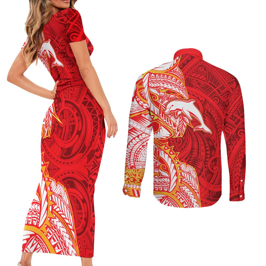 Dolphins Couples Matching Short Sleeve Bodycon Dress and Long Sleeve Button Shirt Polynesian Tribal Tattoo Pacific Sport Art