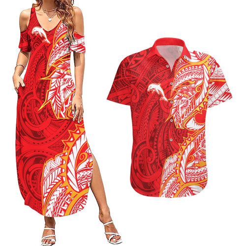 Dolphins Couples Matching Summer Maxi Dress and Hawaiian Shirt Polynesian Tribal Tattoo Pacific Sport Art