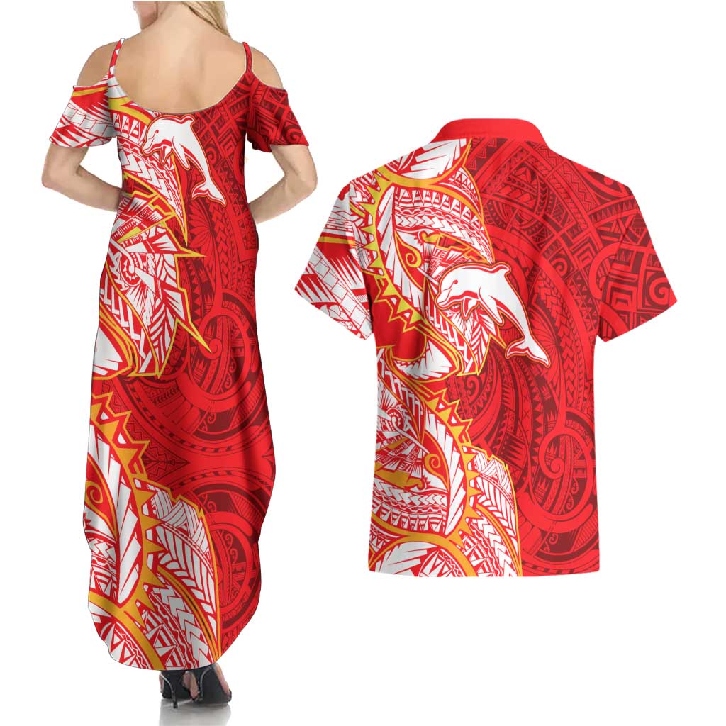 Dolphins Couples Matching Summer Maxi Dress and Hawaiian Shirt Polynesian Tribal Tattoo Pacific Sport Art