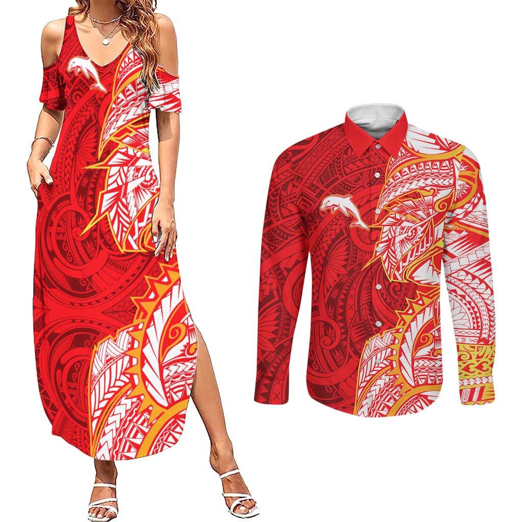 Dolphins Couples Matching Summer Maxi Dress and Long Sleeve Button Shirt Polynesian Tribal Tattoo Pacific Sport Art