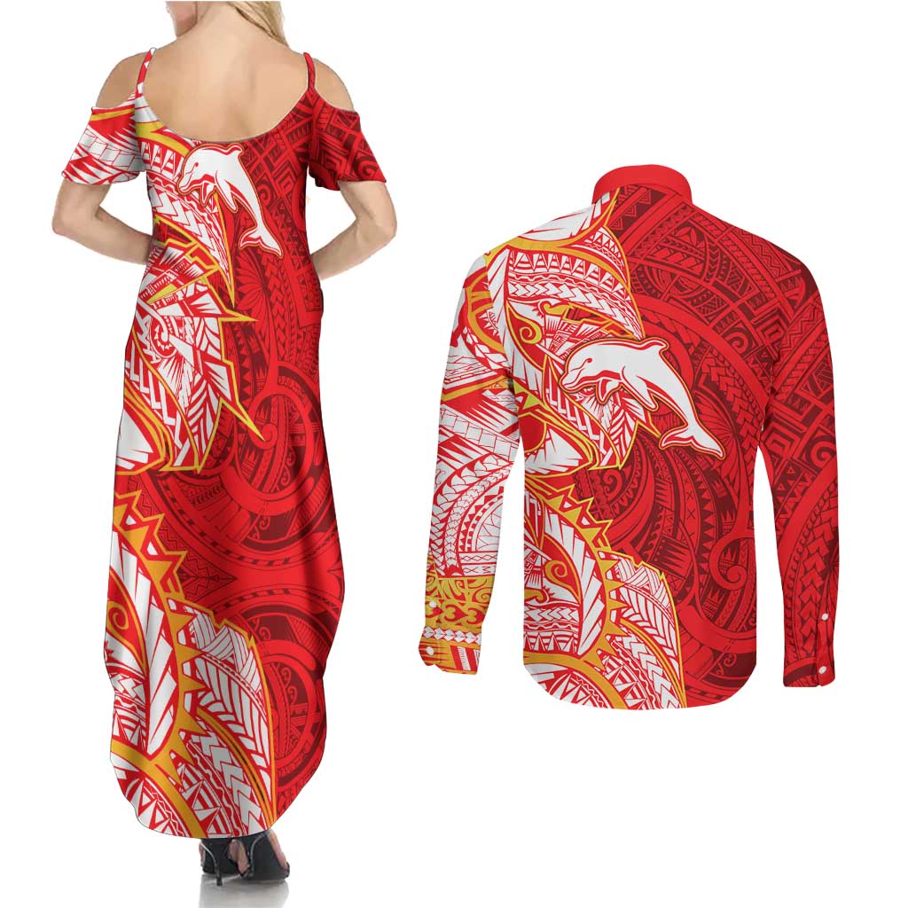Dolphins Couples Matching Summer Maxi Dress and Long Sleeve Button Shirt Polynesian Tribal Tattoo Pacific Sport Art