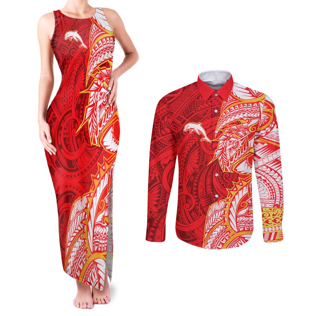 Dolphins Couples Matching Tank Maxi Dress and Long Sleeve Button Shirt Polynesian Tribal Tattoo Pacific Sport Art