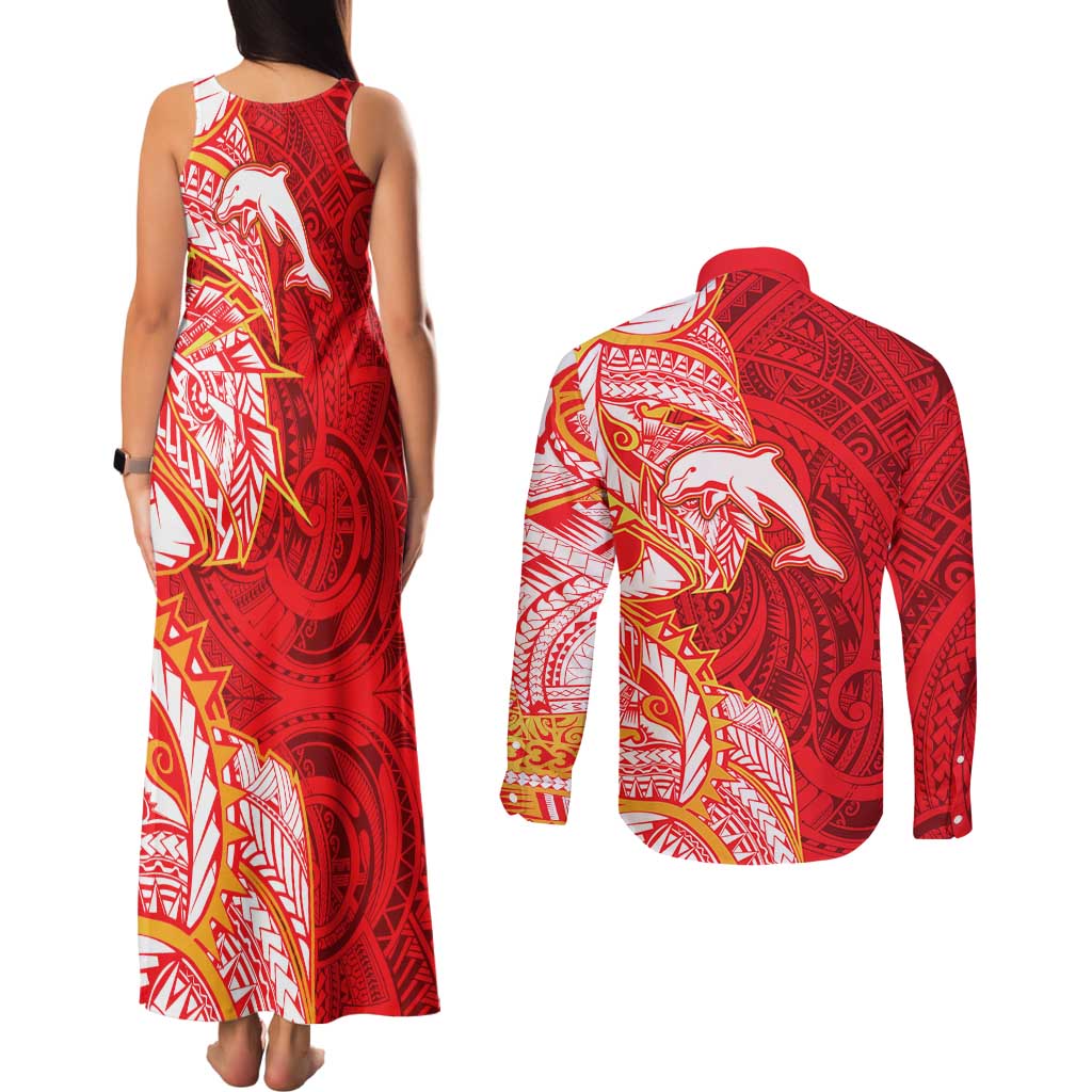 Dolphins Couples Matching Tank Maxi Dress and Long Sleeve Button Shirt Polynesian Tribal Tattoo Pacific Sport Art