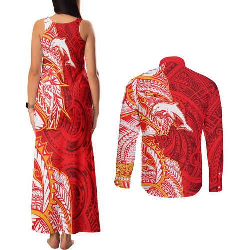 Dolphins Couples Matching Tank Maxi Dress and Long Sleeve Button Shirt Polynesian Tribal Tattoo Pacific Sport Art