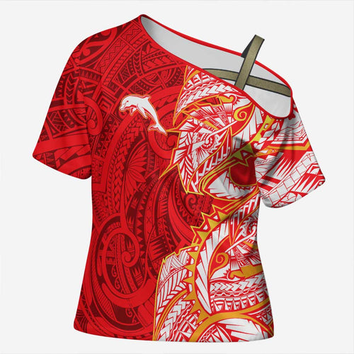 Dolphins Cross Shoulder Shirt Polynesian Tribal Tattoo Pacific Sport Art