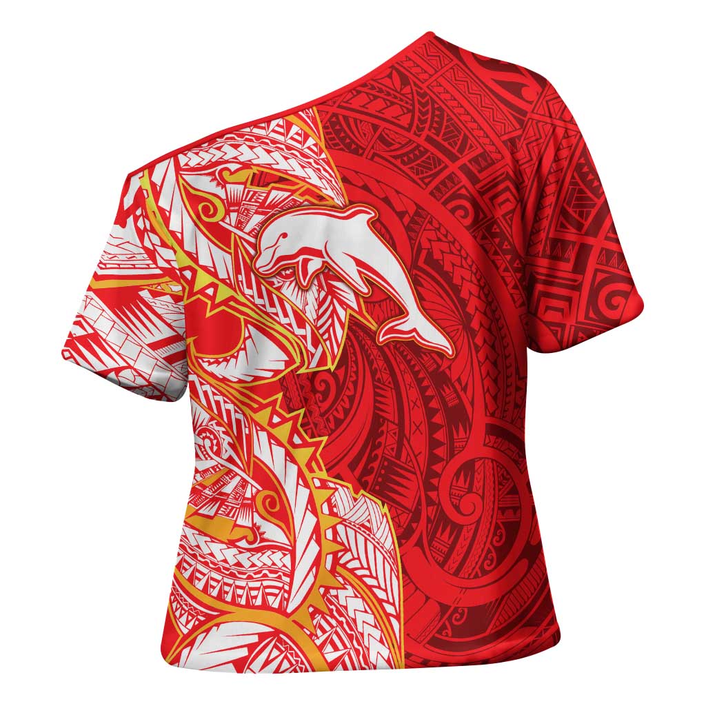 Dolphins Cross Shoulder Shirt Polynesian Tribal Tattoo Pacific Sport Art