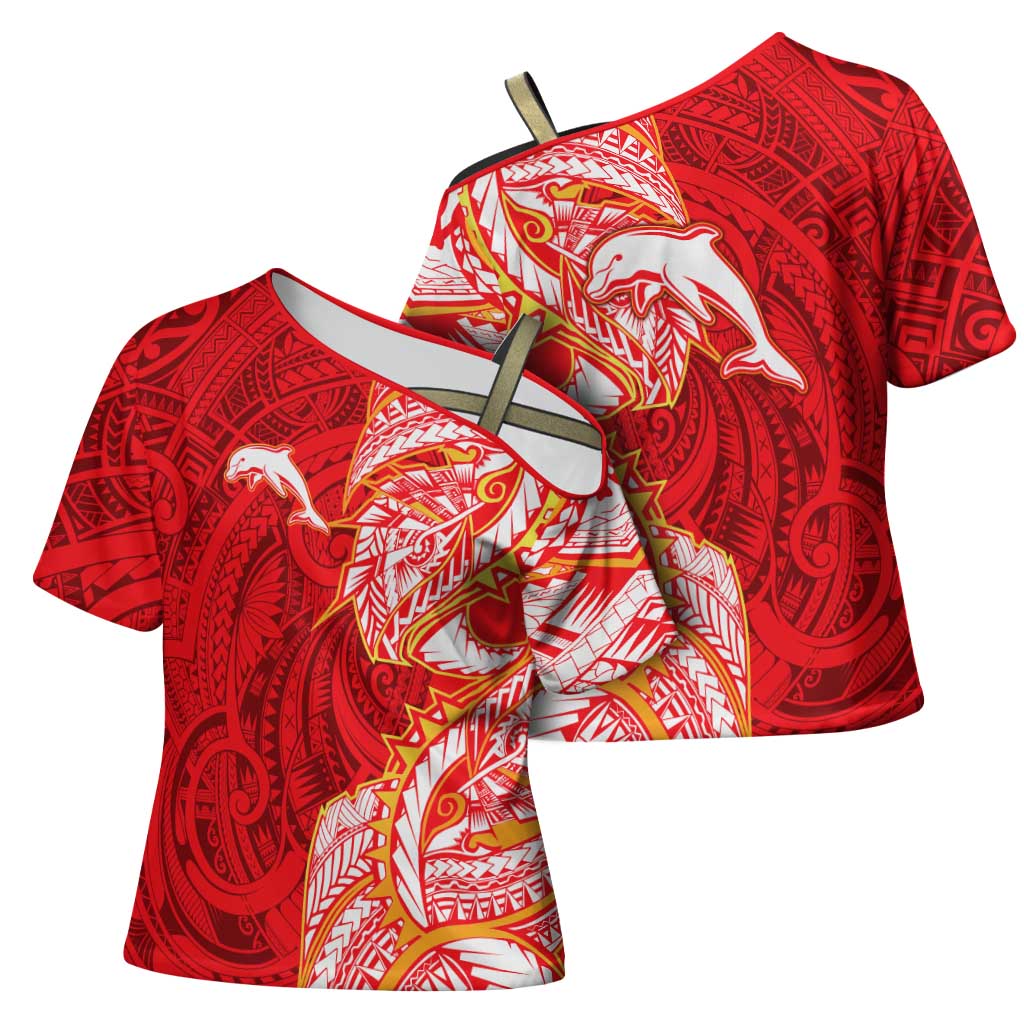 Dolphins Cross Shoulder Shirt Polynesian Tribal Tattoo Pacific Sport Art
