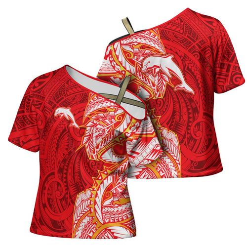 Dolphins Cross Shoulder Shirt Polynesian Tribal Tattoo Pacific Sport Art