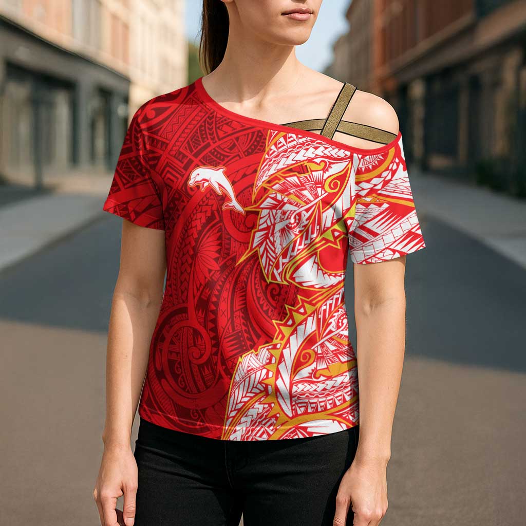 Dolphins Cross Shoulder Shirt Polynesian Tribal Tattoo Pacific Sport Art