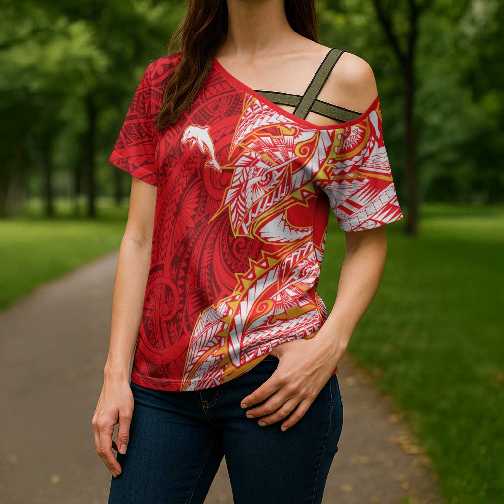 Dolphins Cross Shoulder Shirt Polynesian Tribal Tattoo Pacific Sport Art