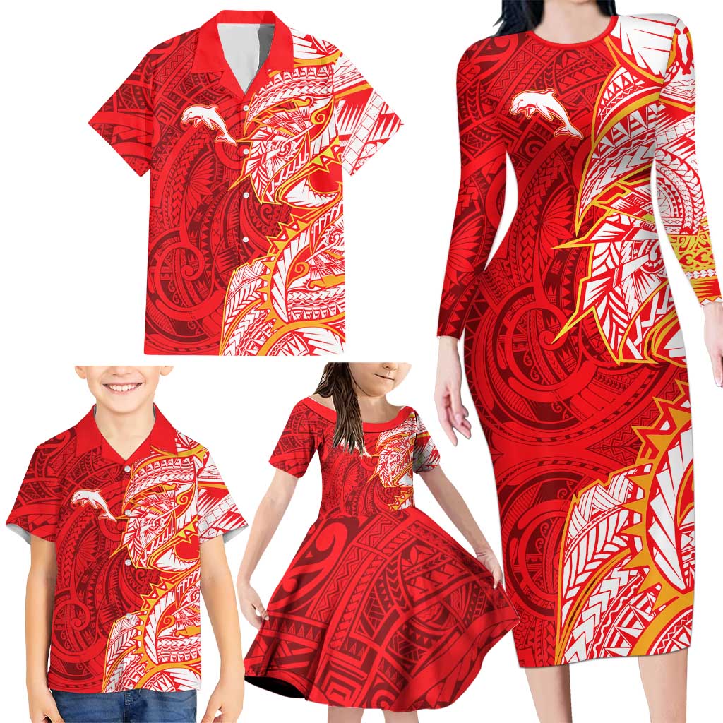Dolphins Family Matching Long Sleeve Bodycon Dress and Hawaiian Shirt Polynesian Tribal Tattoo Pacific Sport Art