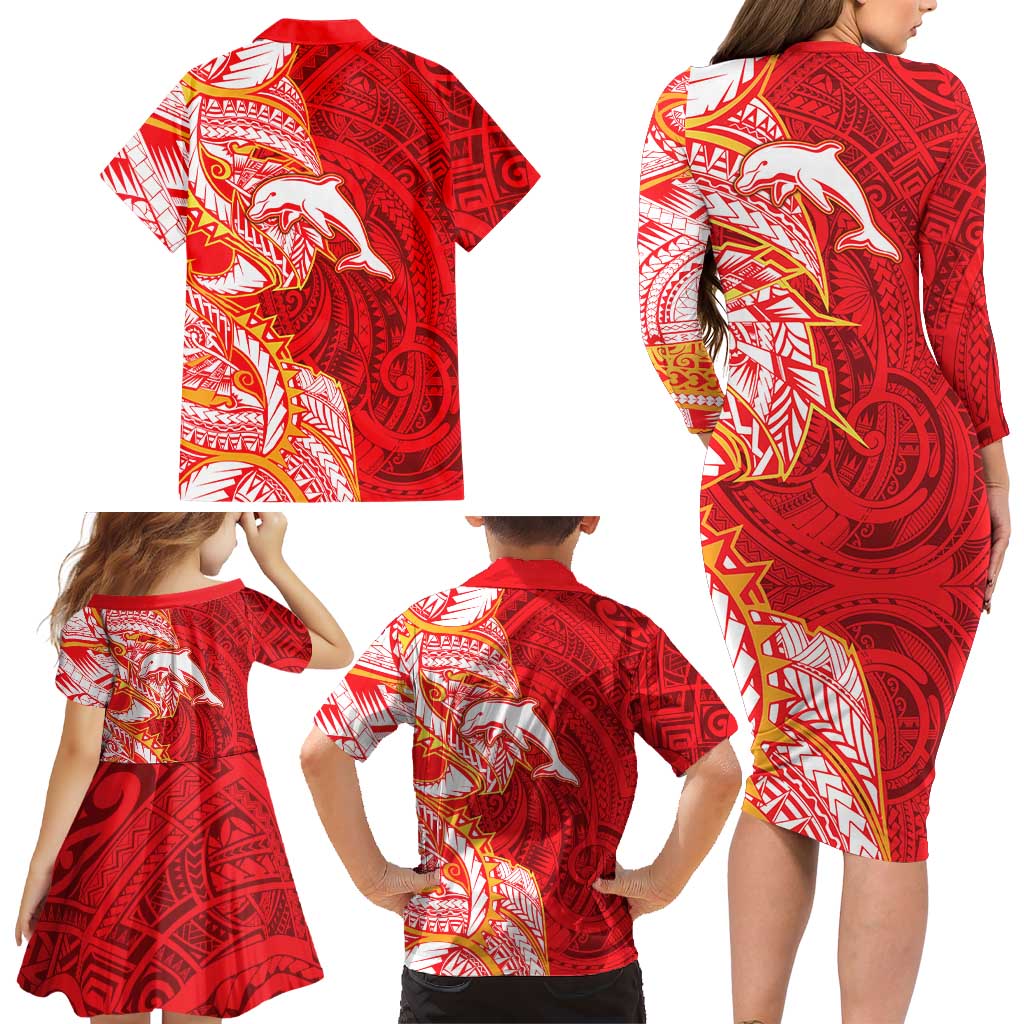 Dolphins Family Matching Long Sleeve Bodycon Dress and Hawaiian Shirt Polynesian Tribal Tattoo Pacific Sport Art