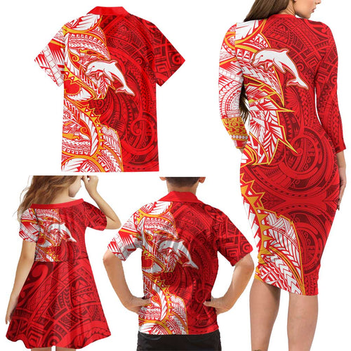 Dolphins Family Matching Long Sleeve Bodycon Dress and Hawaiian Shirt Polynesian Tribal Tattoo Pacific Sport Art