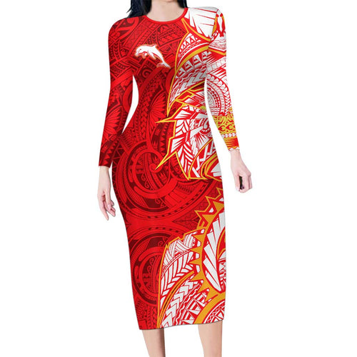 Dolphins Family Matching Long Sleeve Bodycon Dress and Hawaiian Shirt Polynesian Tribal Tattoo Pacific Sport Art