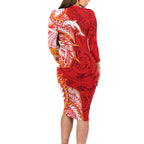 Dolphins Family Matching Long Sleeve Bodycon Dress and Hawaiian Shirt Polynesian Tribal Tattoo Pacific Sport Art