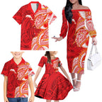 Dolphins Family Matching Off The Shoulder Long Sleeve Dress and Hawaiian Shirt Polynesian Tribal Tattoo Pacific Sport Art