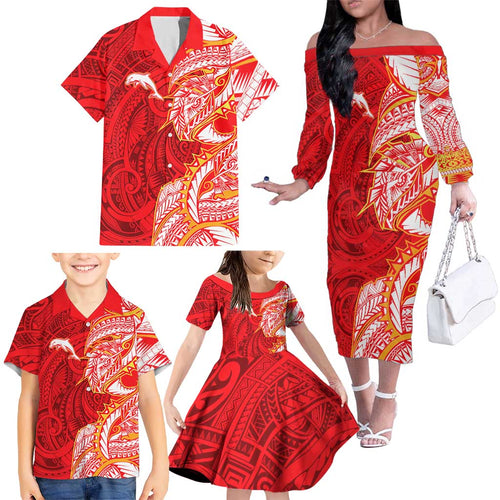 Dolphins Family Matching Off The Shoulder Long Sleeve Dress and Hawaiian Shirt Polynesian Tribal Tattoo Pacific Sport Art