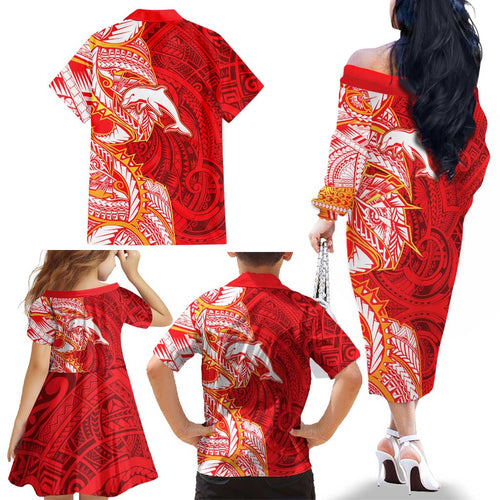 Dolphins Family Matching Off The Shoulder Long Sleeve Dress and Hawaiian Shirt Polynesian Tribal Tattoo Pacific Sport Art