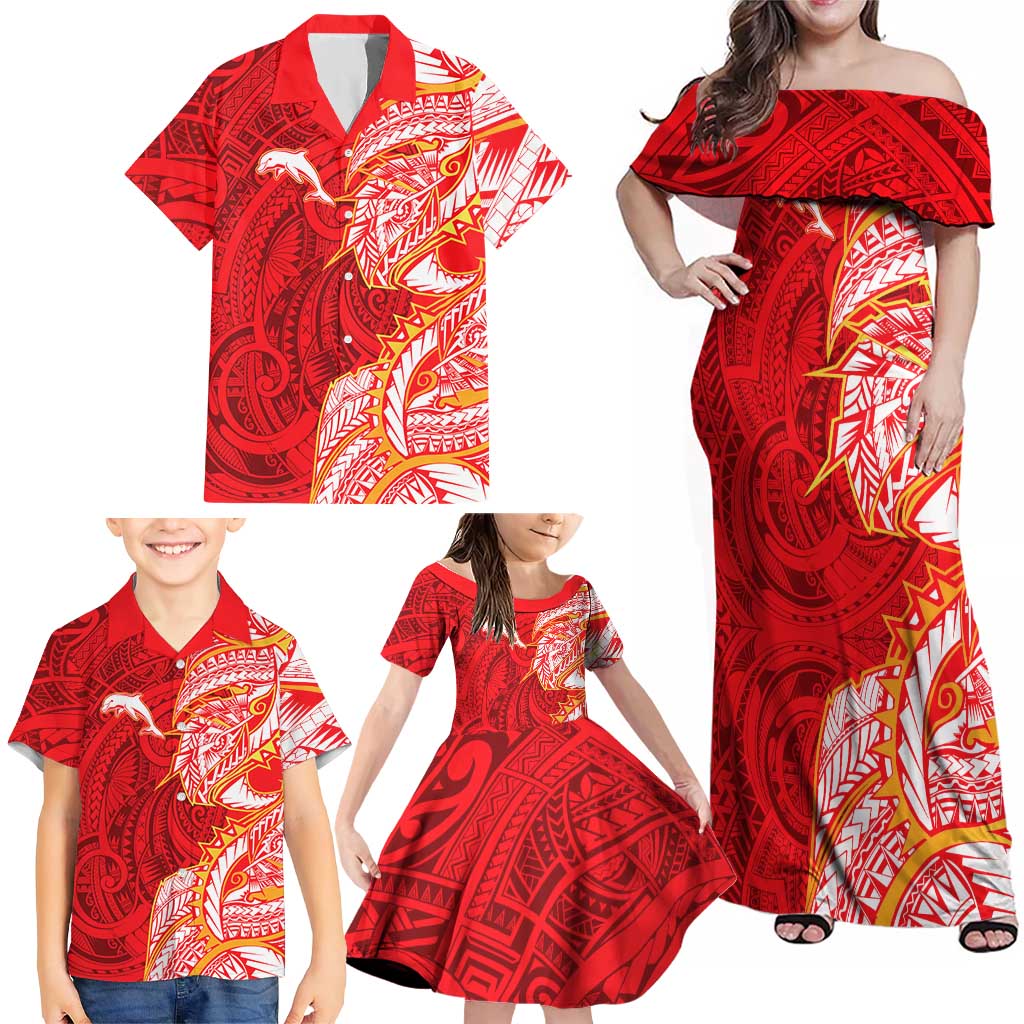 Dolphins Family Matching Off Shoulder Maxi Dress and Hawaiian Shirt Polynesian Tribal Tattoo Pacific Sport Art