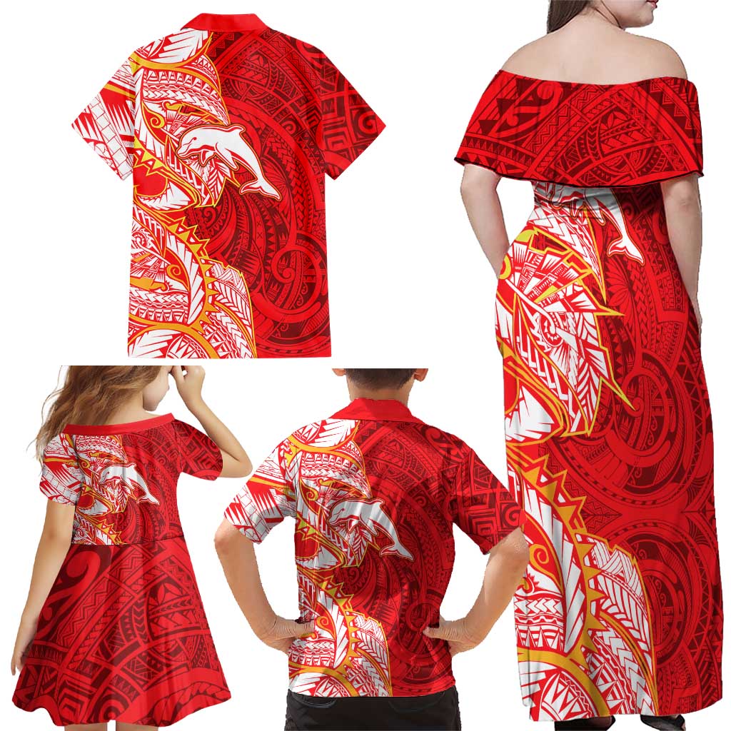 Dolphins Family Matching Off Shoulder Maxi Dress and Hawaiian Shirt Polynesian Tribal Tattoo Pacific Sport Art