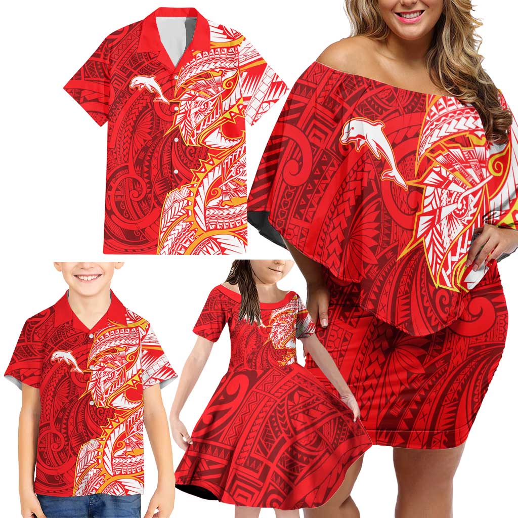 Dolphins Family Matching Off Shoulder Short Dress and Hawaiian Shirt Polynesian Tribal Tattoo Pacific Sport Art