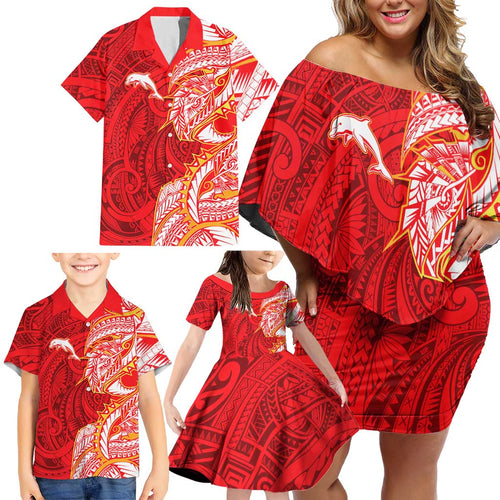 Dolphins Family Matching Off Shoulder Short Dress and Hawaiian Shirt Polynesian Tribal Tattoo Pacific Sport Art
