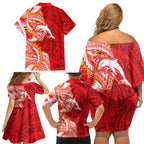 Dolphins Family Matching Off Shoulder Short Dress and Hawaiian Shirt Polynesian Tribal Tattoo Pacific Sport Art