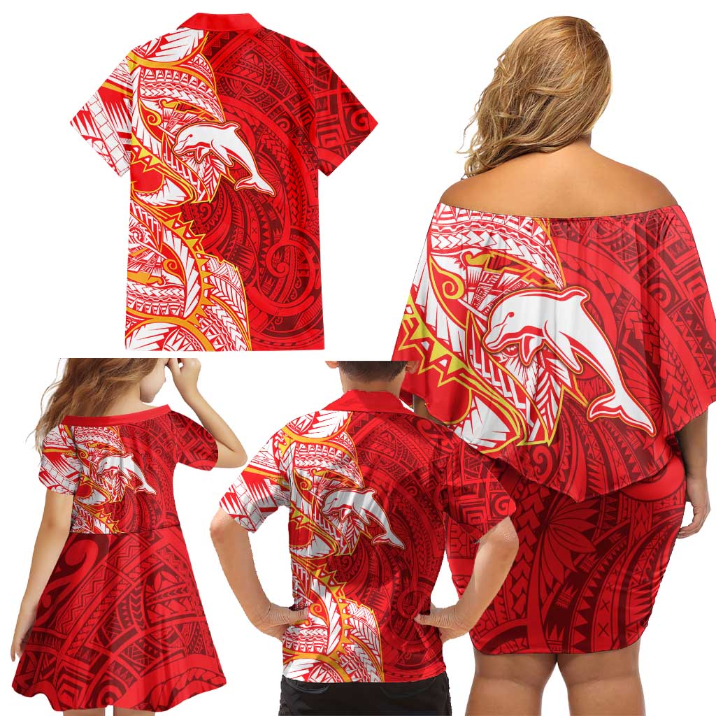 Dolphins Family Matching Off Shoulder Short Dress and Hawaiian Shirt Polynesian Tribal Tattoo Pacific Sport Art