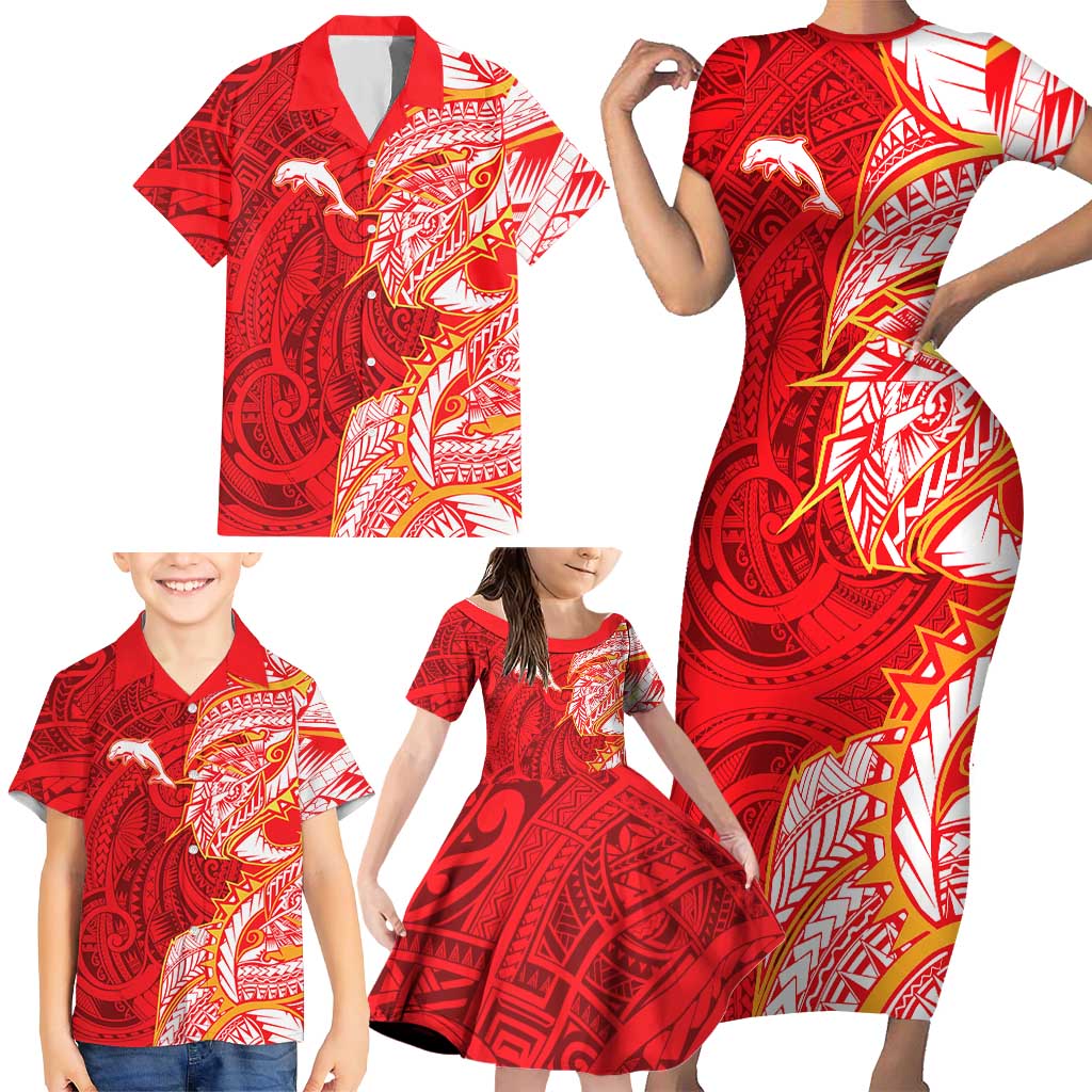 Dolphins Family Matching Short Sleeve Bodycon Dress and Hawaiian Shirt Polynesian Tribal Tattoo Pacific Sport Art