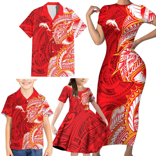 Dolphins Family Matching Short Sleeve Bodycon Dress and Hawaiian Shirt Polynesian Tribal Tattoo Pacific Sport Art