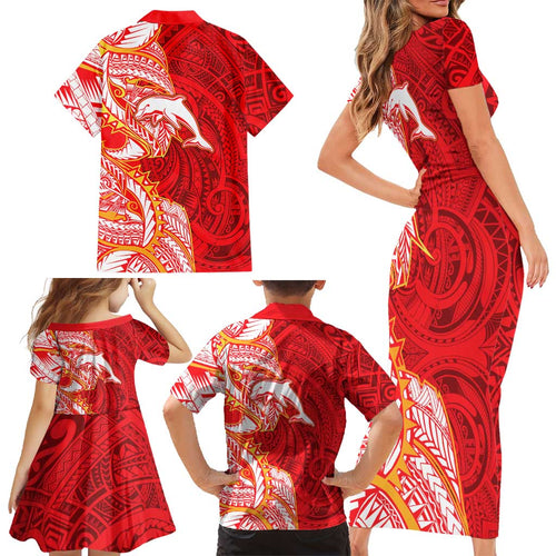Dolphins Family Matching Short Sleeve Bodycon Dress and Hawaiian Shirt Polynesian Tribal Tattoo Pacific Sport Art