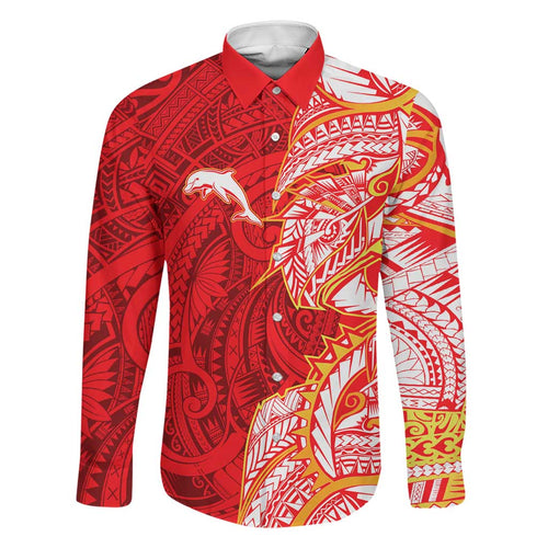 Dolphins Family Matching Short Sleeve Bodycon Dress and Hawaiian Shirt Polynesian Tribal Tattoo Pacific Sport Art