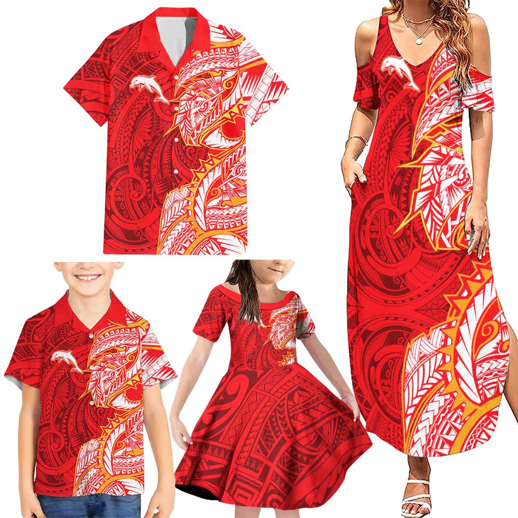 Dolphins Family Matching Summer Maxi Dress and Hawaiian Shirt Polynesian Tribal Tattoo Pacific Sport Art