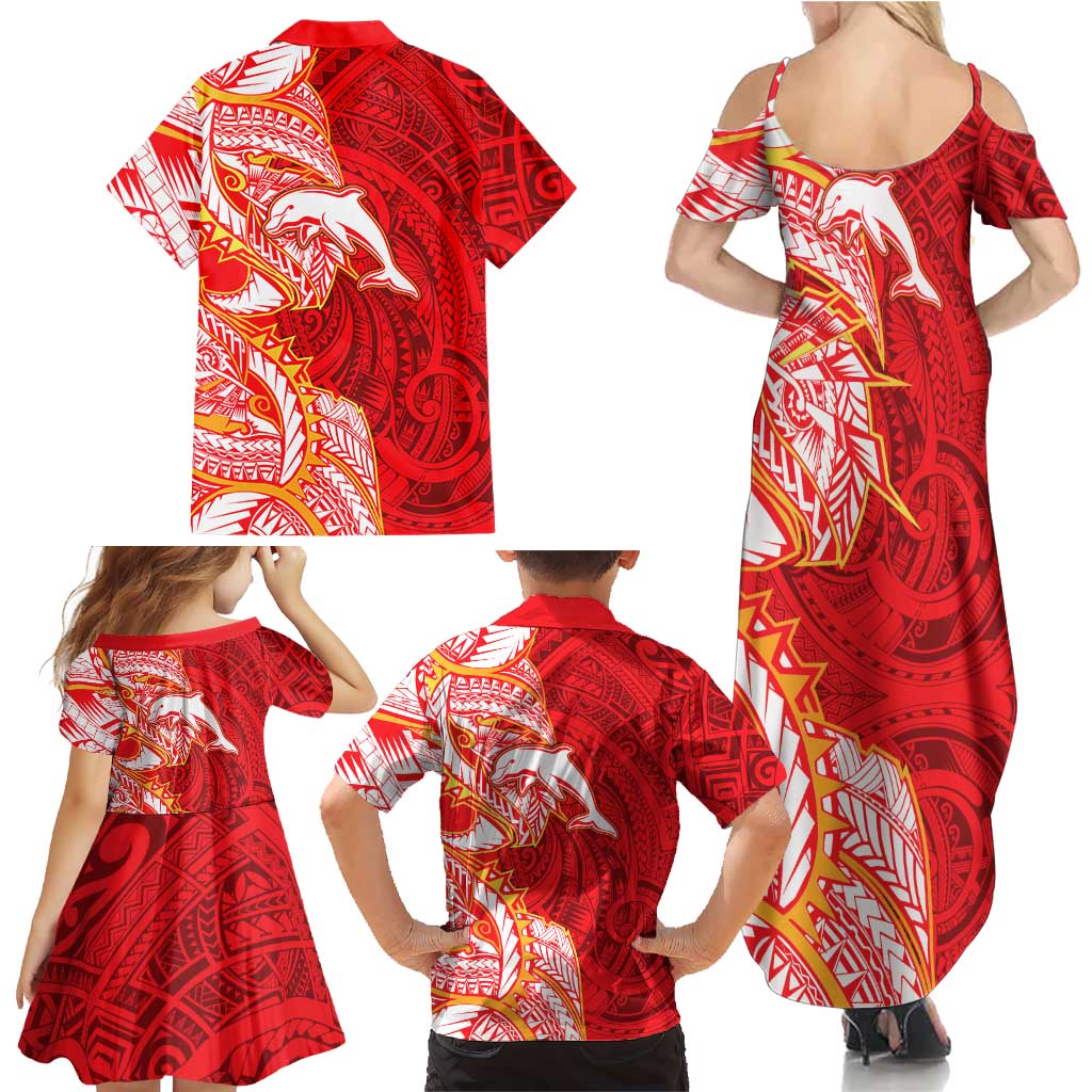 Dolphins Family Matching Summer Maxi Dress and Hawaiian Shirt Polynesian Tribal Tattoo Pacific Sport Art